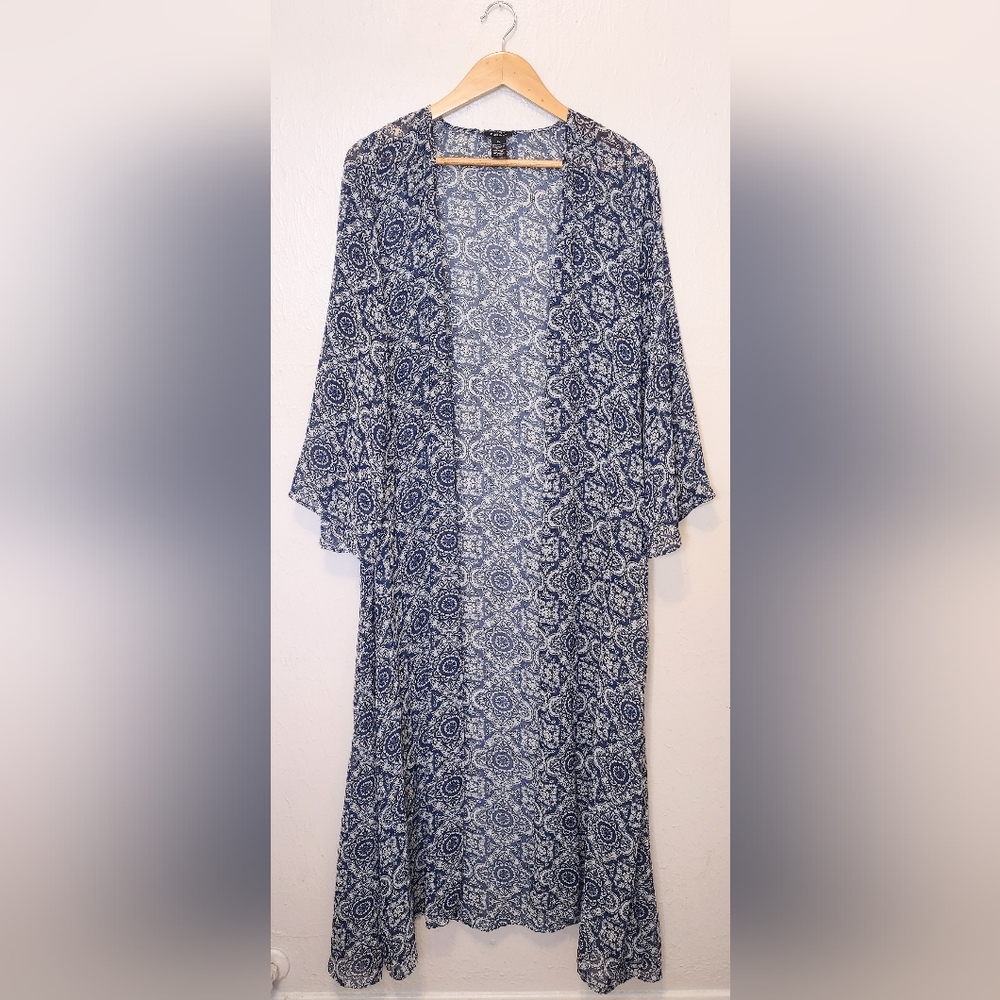 Rue 21 Blue &‎ White Sheer Duster Kimono Cover Up Cardigan Boho Chic Size XL